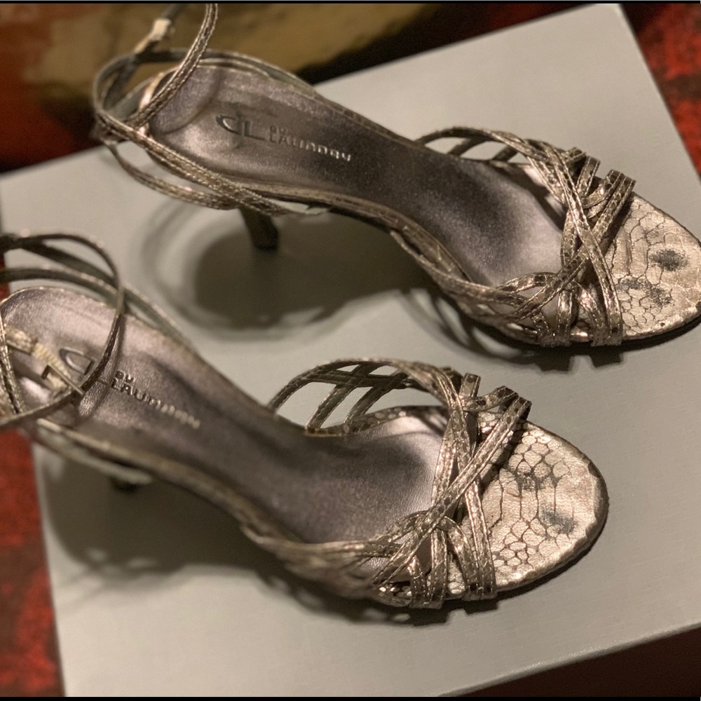 Chinese Laundry silver metallic strappy heel.